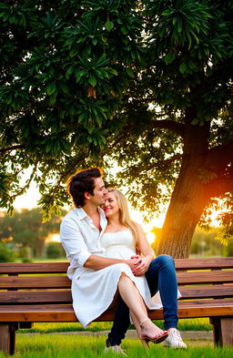 A romantic couple in love, sitting closely on a wooden bench under a large, lush green tree
