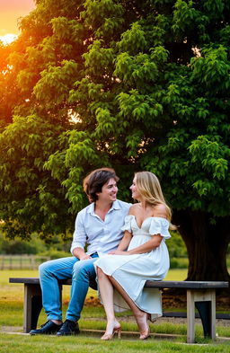 A romantic couple in love, sitting closely on a wooden bench under a large, lush green tree