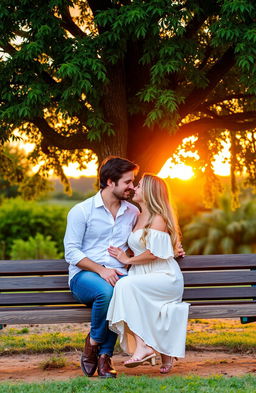 A romantic couple in love, sitting closely on a wooden bench under a large, lush green tree