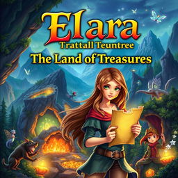 A vibrant fantasy book cover for 'Elara: The Land of Treasures', featuring an enchanting landscape filled with mysterious caves and sparkling treasures