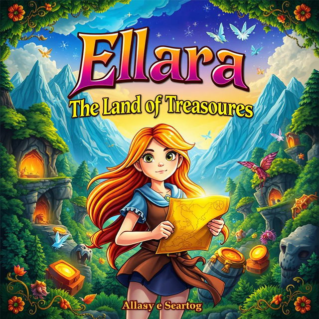 A vibrant fantasy book cover for 'Elara: The Land of Treasures', featuring an enchanting landscape filled with mysterious caves and sparkling treasures