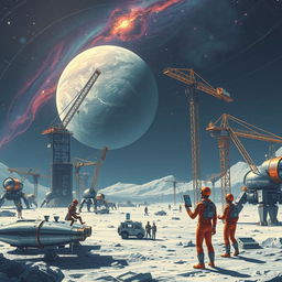 A retro-futuristic sci-fi illustration depicting robots and humans collaboratively constructing a vast lunar city under a protective dome