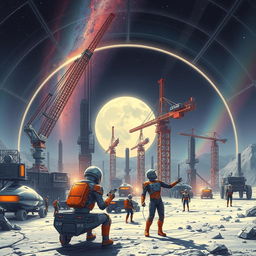 A retro-futuristic sci-fi illustration depicting robots and humans collaboratively constructing a vast lunar city under a protective dome