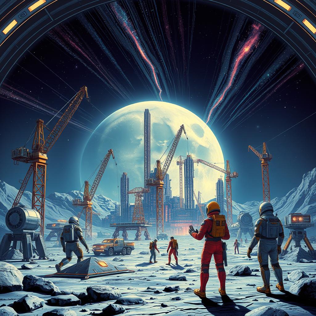 A retro-futuristic sci-fi illustration depicting robots and humans collaboratively constructing a vast lunar city under a protective dome