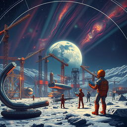 A retro-futuristic sci-fi illustration depicting robots and humans collaboratively constructing a vast lunar city under a protective dome