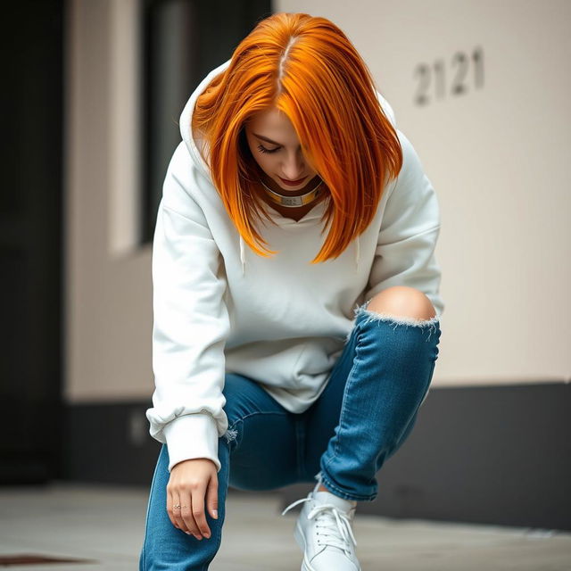 A cute girl, around 21 years old, with shoulder-length straight orange hair, dressed in a white hoodie that is unzipped, with the hood resting down her back