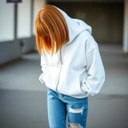 A cute girl, around 21 years old, with shoulder-length straight orange hair, dressed in a white hoodie that is unzipped, with the hood resting down her back