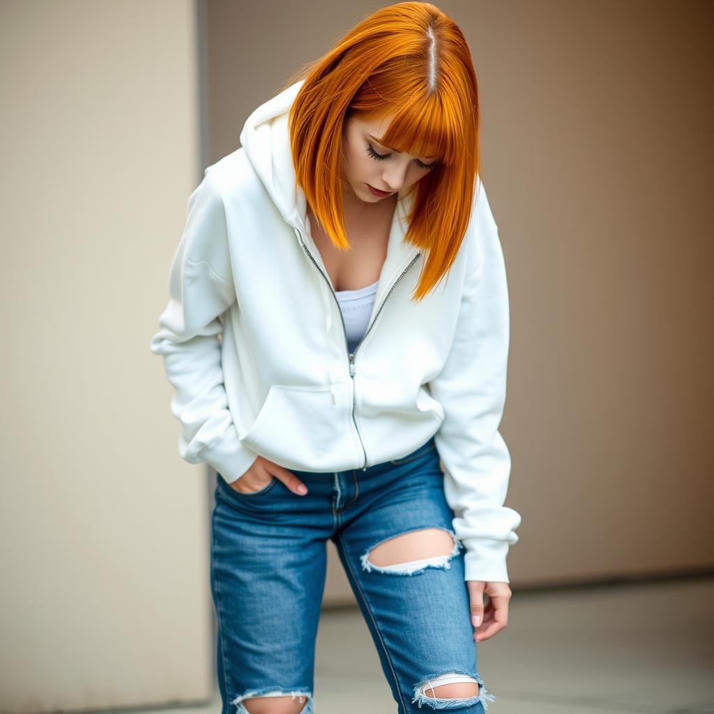 A cute girl, around 21 years old, with shoulder-length straight orange hair, dressed in a white hoodie that is unzipped, with the hood resting down her back