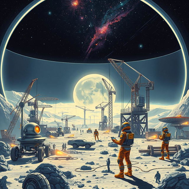 A retro-futuristic sci-fi illustration depicting robots and humans collaborating to construct an expansive lunar city beneath a protective dome