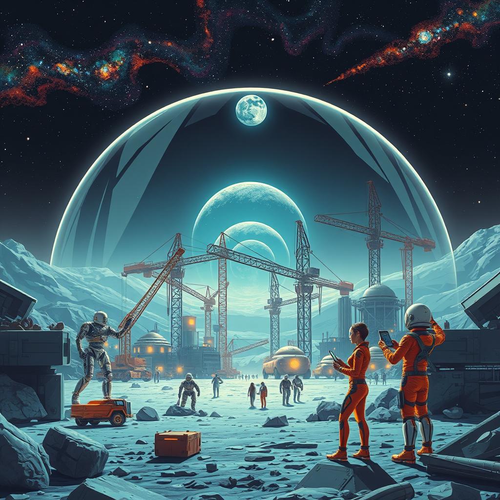 A retro-futuristic sci-fi illustration depicting robots and humans collaborating to construct an expansive lunar city beneath a protective dome