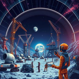 A retro-futuristic sci-fi illustration depicting robots and humans collaborating to construct an expansive lunar city beneath a protective dome