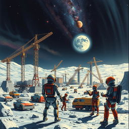 A retro-futuristic sci-fi illustration depicting robots and humans collaborating to construct an expansive lunar city beneath a protective dome