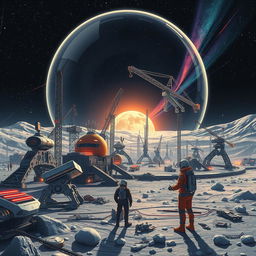 A retro-futuristic sci-fi illustration depicting an exciting collaboration of robots and humans as they construct a sprawling lunar city underneath a protective dome