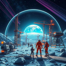 A retro-futuristic sci-fi illustration depicting an exciting collaboration of robots and humans as they construct a sprawling lunar city underneath a protective dome