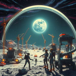 A retro-futuristic sci-fi illustration depicting an exciting collaboration of robots and humans as they construct a sprawling lunar city underneath a protective dome