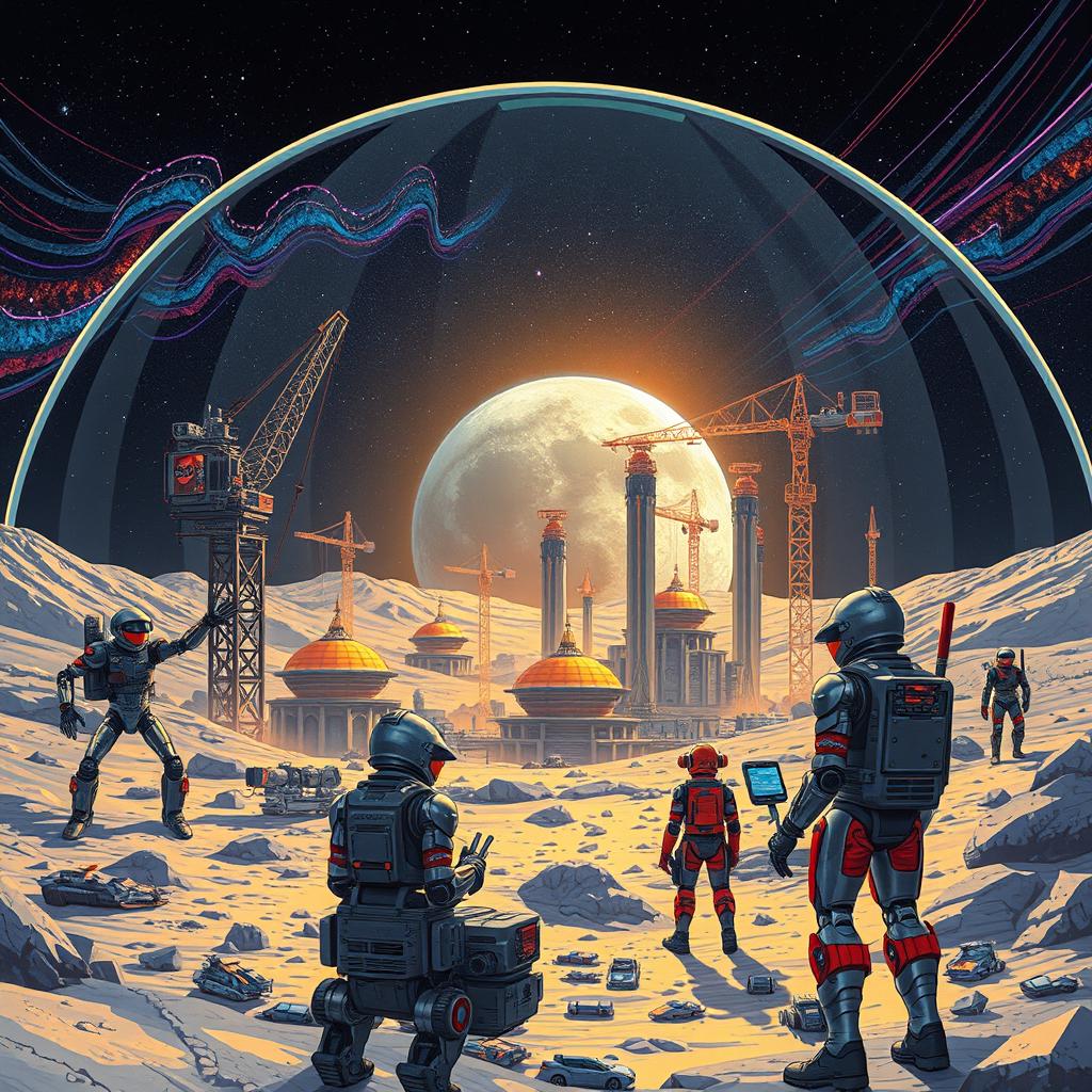 A retro-futuristic sci-fi illustration depicting an exciting collaboration of robots and humans as they construct a sprawling lunar city underneath a protective dome