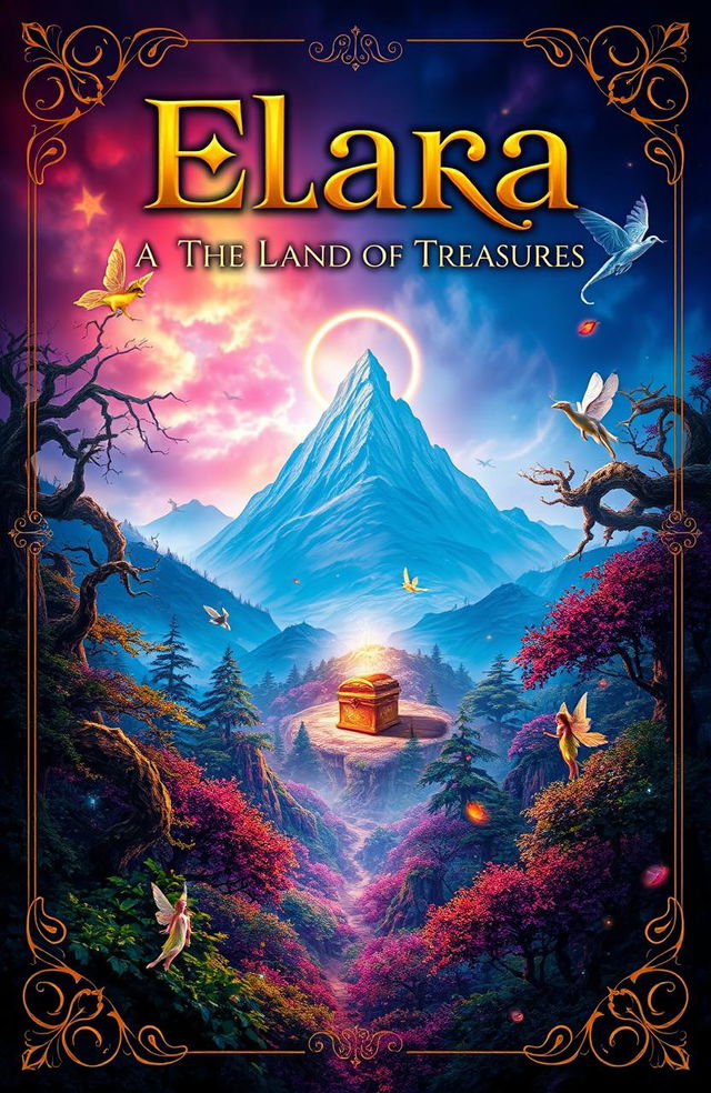 A captivating book cover design for 'Elara: The Land of Treasures', featuring an enchanting landscape rich with vibrant colors