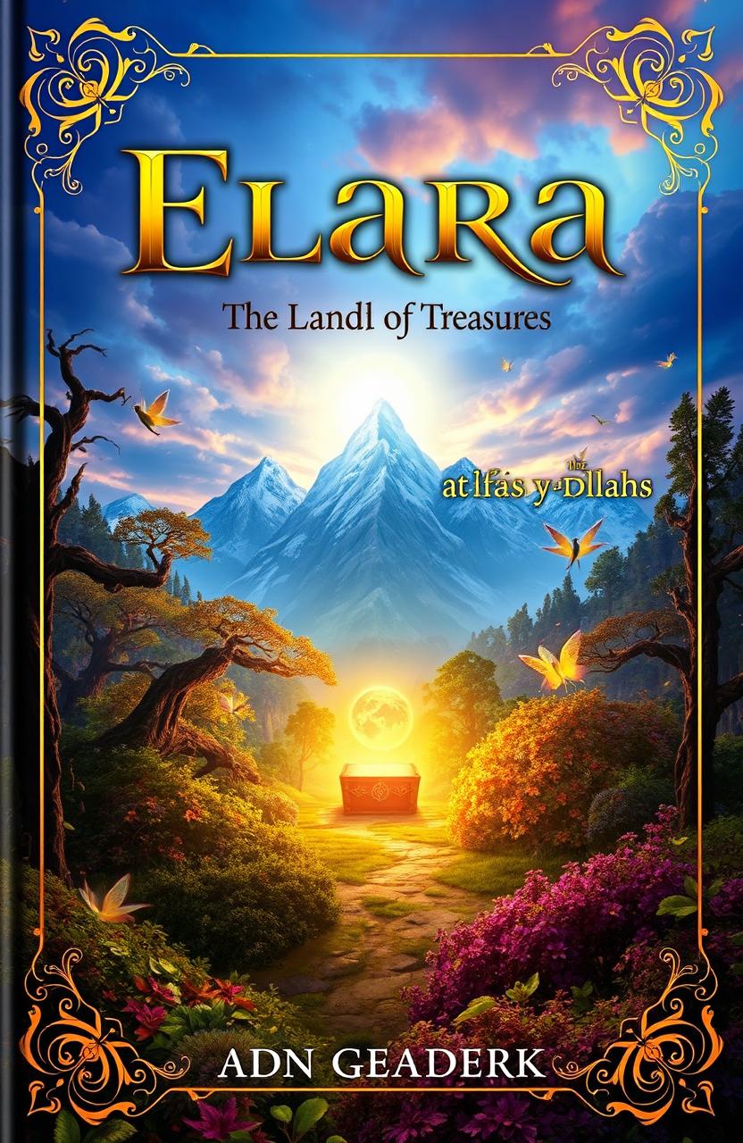 A captivating book cover design for 'Elara: The Land of Treasures', featuring an enchanting landscape rich with vibrant colors