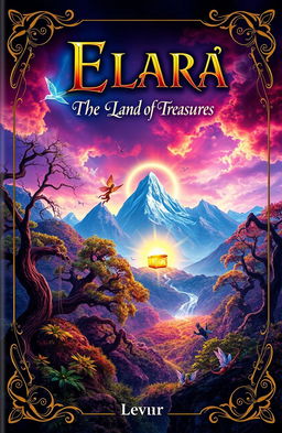 A captivating book cover design for 'Elara: The Land of Treasures', featuring an enchanting landscape rich with vibrant colors