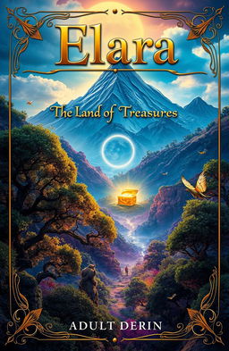 A captivating book cover design for 'Elara: The Land of Treasures', featuring an enchanting landscape rich with vibrant colors