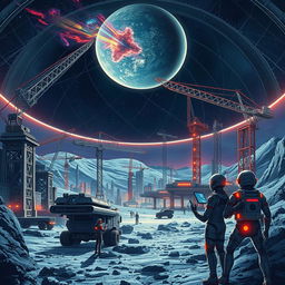 A retro-futuristic sci-fi illustration showcasing a harmonious collaboration between robots and humans as they build a colossal lunar city beneath a protective dome
