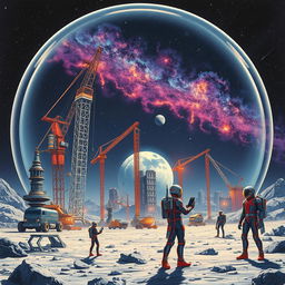 A retro-futuristic sci-fi illustration showcasing a harmonious collaboration between robots and humans as they build a colossal lunar city beneath a protective dome