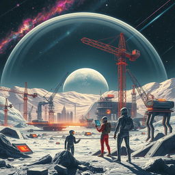A retro-futuristic sci-fi illustration showcasing a harmonious collaboration between robots and humans as they build a colossal lunar city beneath a protective dome