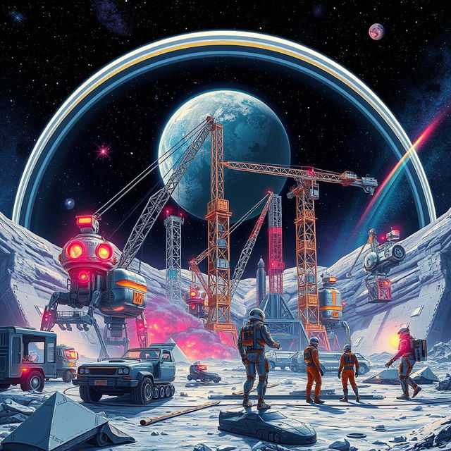 A retro-futuristic sci-fi illustration showcasing a harmonious collaboration between robots and humans as they build a colossal lunar city beneath a protective dome