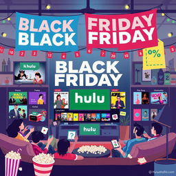 A vibrant and eye-catching illustration depicting a festive Black Friday sale for Hulu, featuring bold graphics of streaming shows and movies