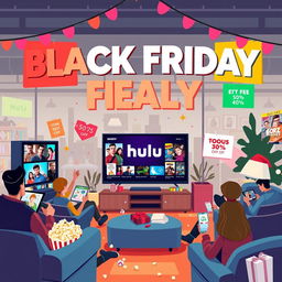 A vibrant and eye-catching illustration depicting a festive Black Friday sale for Hulu, featuring bold graphics of streaming shows and movies