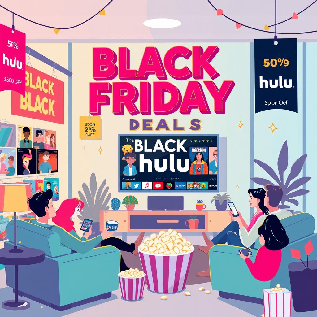 A vibrant and eye-catching illustration depicting a festive Black Friday sale for Hulu, featuring bold graphics of streaming shows and movies