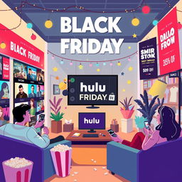 A vibrant and eye-catching illustration depicting a festive Black Friday sale for Hulu, featuring bold graphics of streaming shows and movies