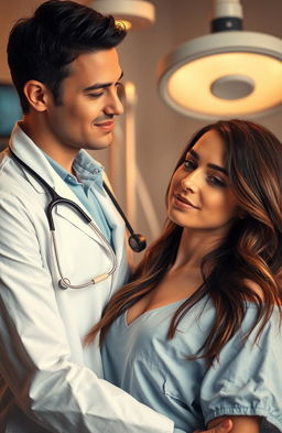 A passionate scene between a handsome doctor in a crisp white coat and his attractive patient in a hospital setting