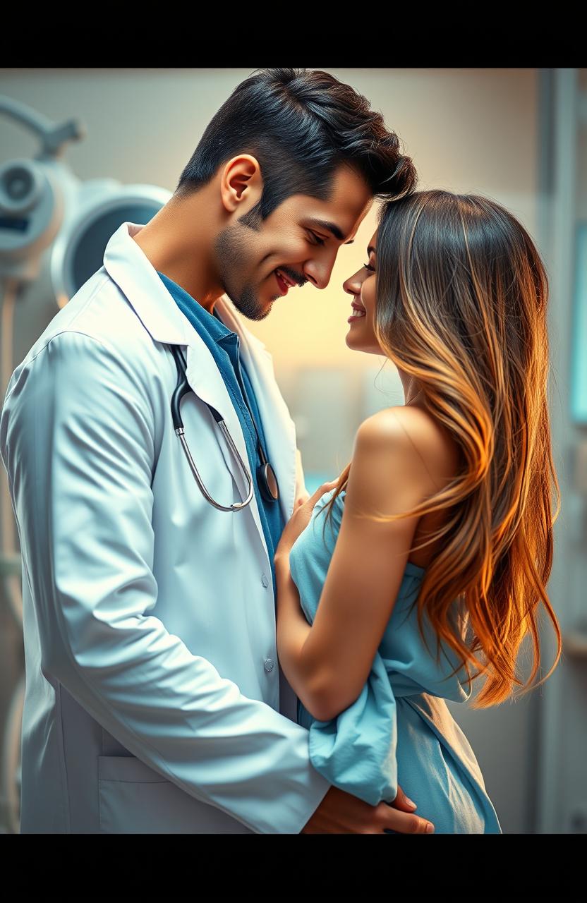 A passionate scene between a handsome doctor in a crisp white coat and his attractive patient in a hospital setting