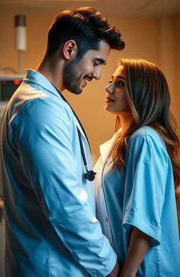 A passionate scene between a handsome doctor in a crisp white coat and his attractive patient in a hospital setting