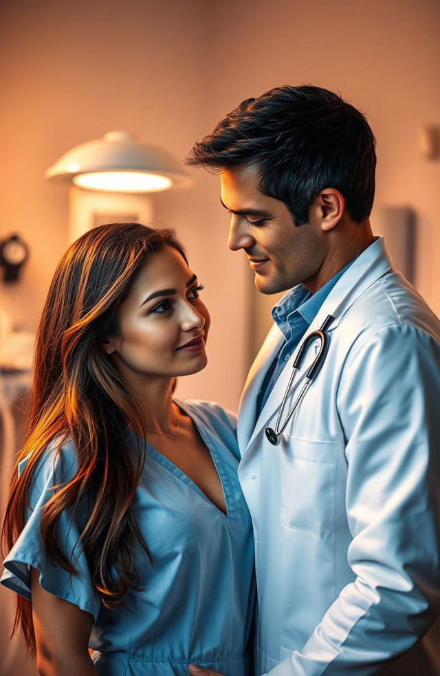 A passionate scene between a handsome doctor in a crisp white coat and his attractive patient in a hospital setting