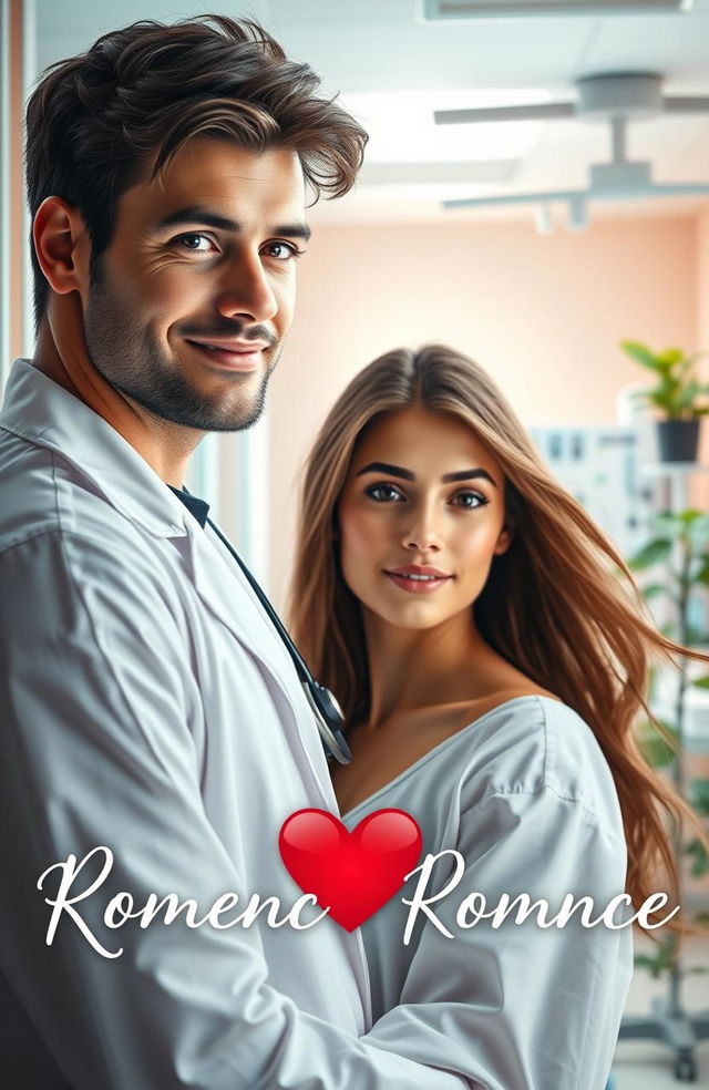 A romantic cover for a romance novel featuring a handsome doctor and his attractive patient