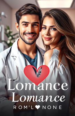 A romantic cover for a romance novel featuring a handsome doctor and his attractive patient