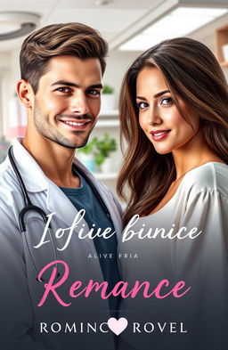 A romantic cover for a romance novel featuring a handsome doctor and his attractive patient