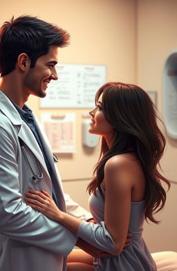 A romantic scene in a doctor's office, featuring a handsome male doctor with short dark hair and a charming smile, wearing a white lab coat