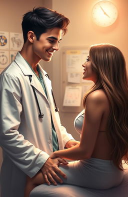 A romantic scene in a doctor's office, featuring a handsome male doctor with short dark hair and a charming smile, wearing a white lab coat