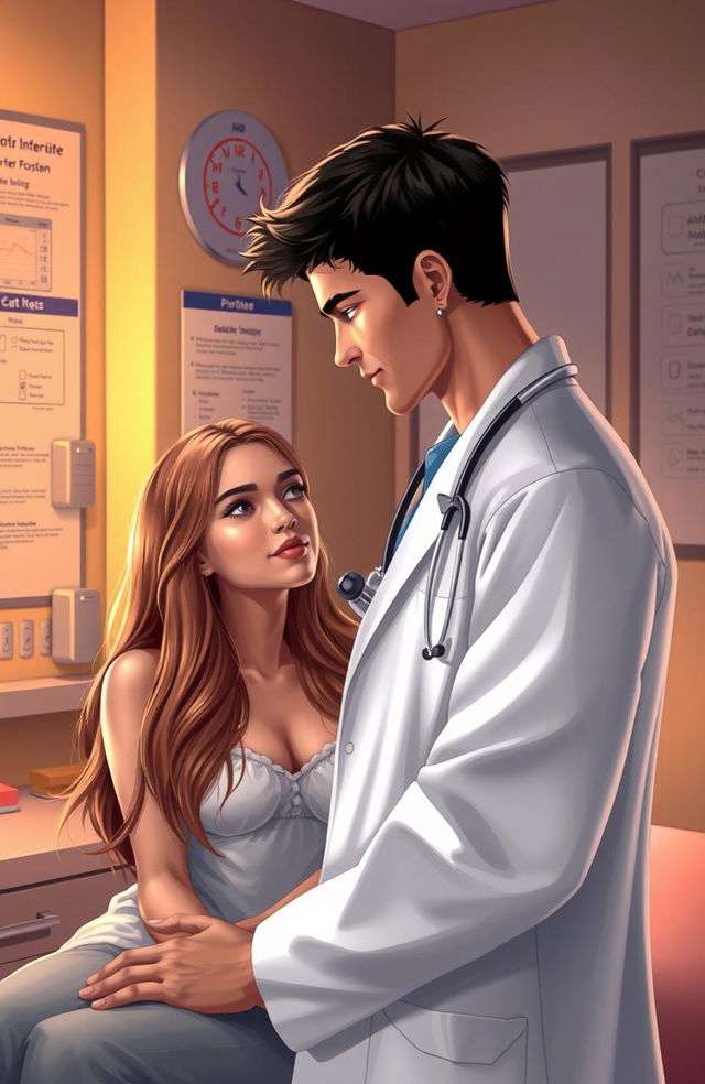 A romantic scene in a doctor's office, featuring a handsome male doctor with short dark hair and a charming smile, wearing a white lab coat