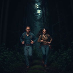 A man and a woman running through a dark forest, filled with tall, dense trees and shadowy underbrush