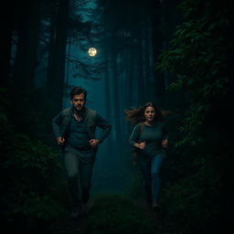 A man and a woman running through a dark forest, filled with tall, dense trees and shadowy underbrush
