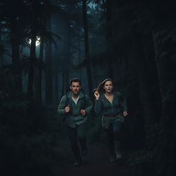 A man and a woman running through a dark forest, filled with tall, dense trees and shadowy underbrush