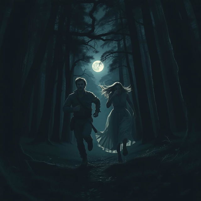 A dramatic scene depicting a man and a woman running together through a dark, dense forest