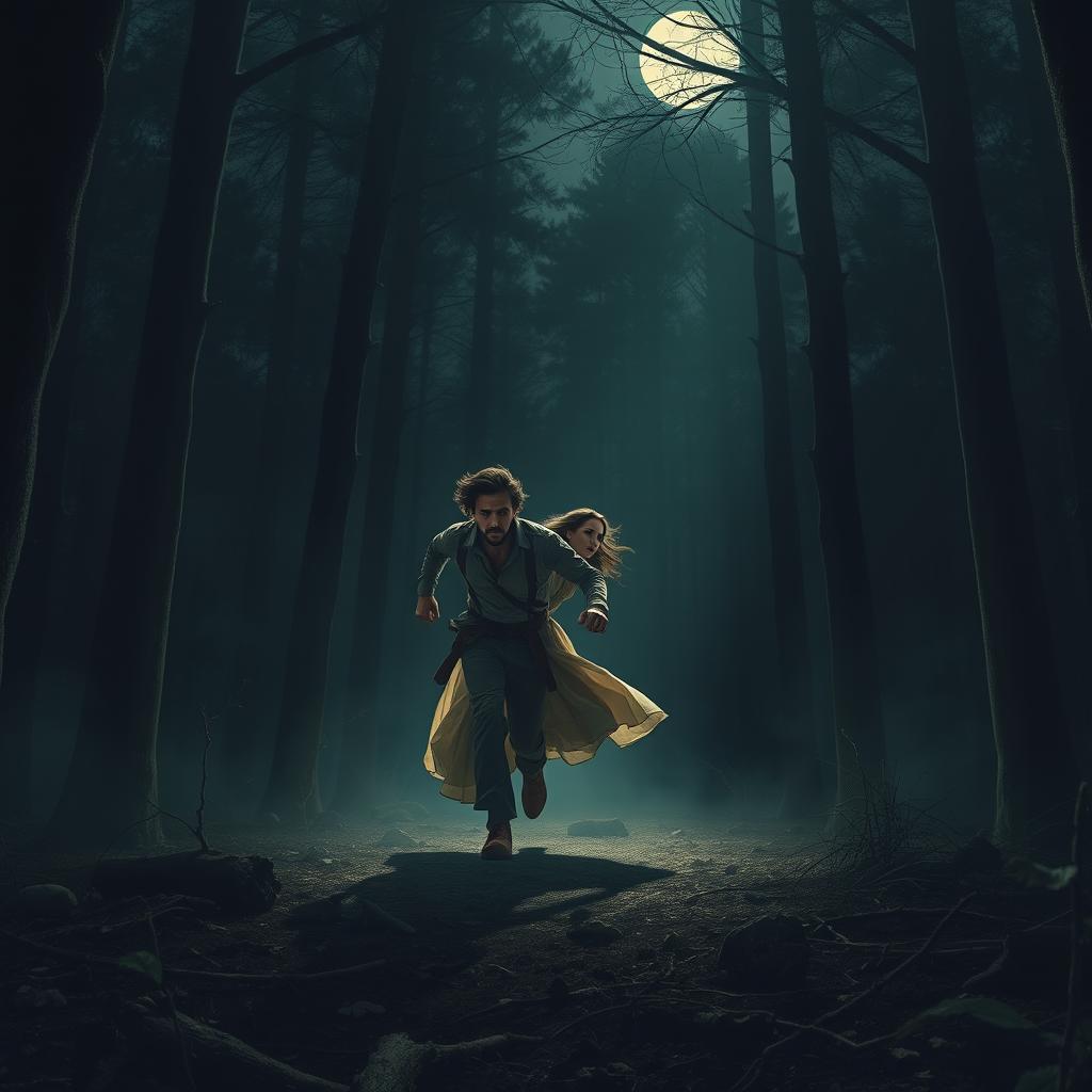 A dramatic scene depicting a man and a woman running together through a dark, dense forest