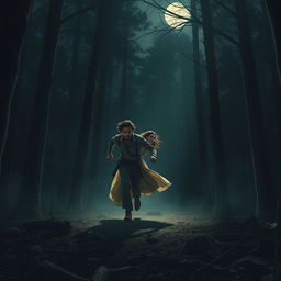 A dramatic scene depicting a man and a woman running together through a dark, dense forest