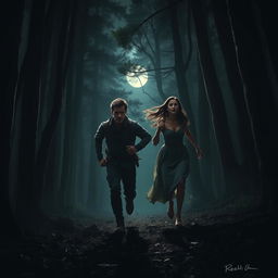 A dramatic scene depicting a man and a woman running together through a dark, dense forest
