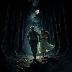 A dramatic scene depicting a man and a woman running together through a dark, dense forest